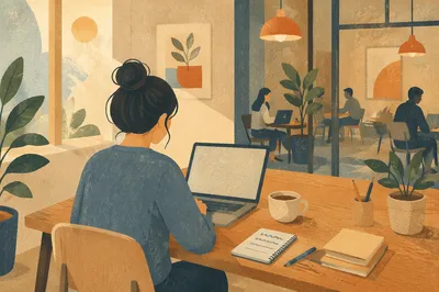 Freelancer Laptop Coffee in Calm Coworking Space