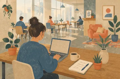 Calm Freelancer in Bright Coworking Lounge