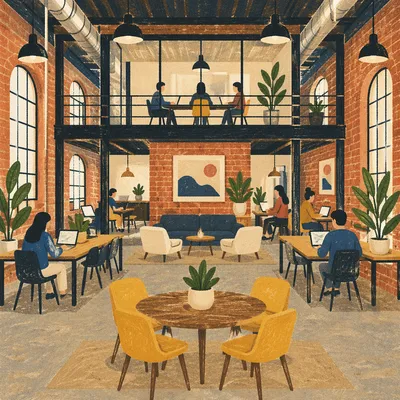 Warm Industrial Coworking Loft With Yellow Chairs