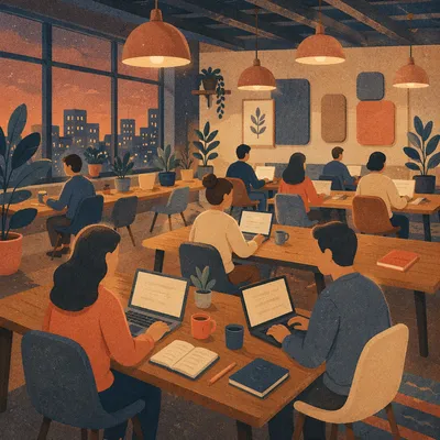 Warm Open Plan Coworking Evening Workspace