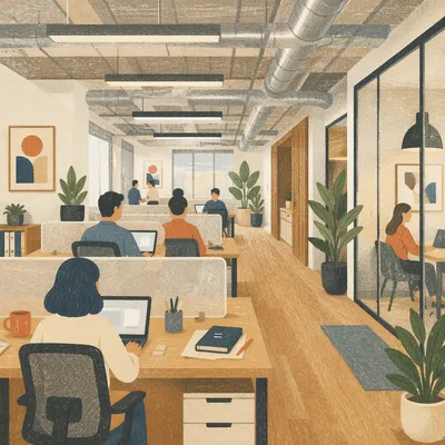 Warm Open Plan Coworking Office Interior