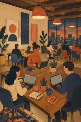 Warm Open Plan Coworking Evening Interior