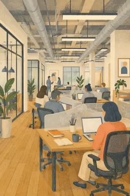 Warm Open Plan Coworking Office Interior