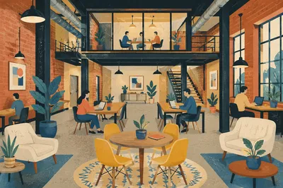 Warm Open Plan Coworking Loft Interior