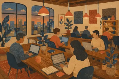 Warm Open Plan Coworking Space at Dusk