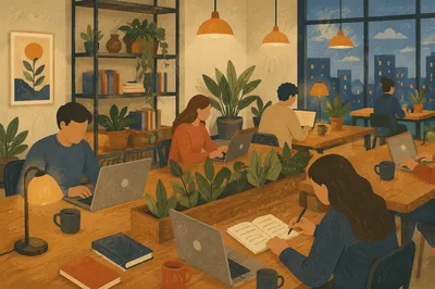 Warm Open Plan Coworking Space at Dusk