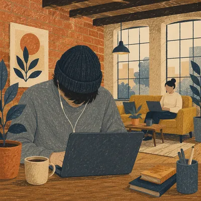 Modern Coworking Loft with Focused Freelancer
