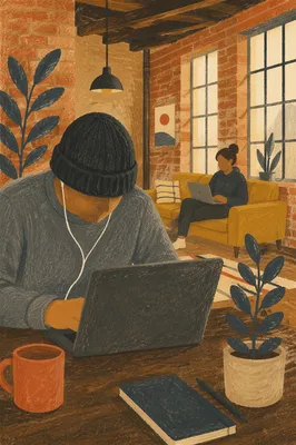 Modern Coworking Loft With Focused Freelancer