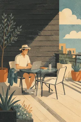 Modern Coworking Terrace with Focused Professional
