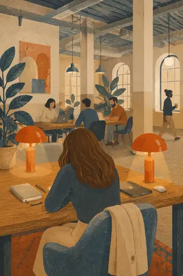 Modern Shared Coworking Office with Warm Light