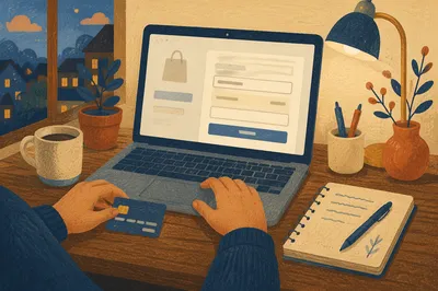 Secure Online Purchase at Wooden Desk