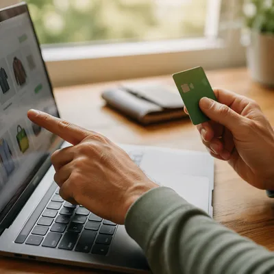 Online Card Payment at Wooden Desk
