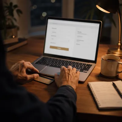 Secure Online Purchase at Wooden Desk