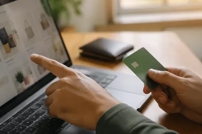 Online Credit Card Purchase at Wooden Desk