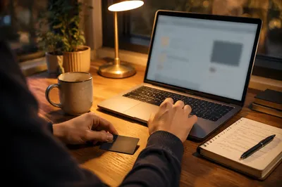 Secure Online Purchase at Wooden Desk