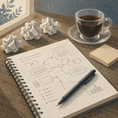 Crumpled Paper Brainstorming Desk with Coffee