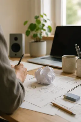 Crumpled Paper Brainstorming Desk Scene