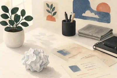 Crumpled Paper Brainstorming on Minimal Desk