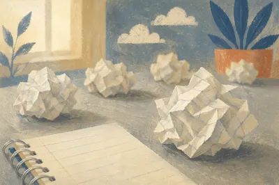 Crumpled Paper Balls on Brainstorming Desk