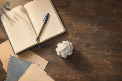 Crumpled Paper Brainstorming Desk with Notebook