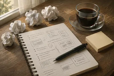 Crumpled Paper Brainstorming Desk with Coffee