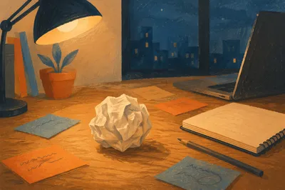 Crumpled Paper Ball on Desk at Night