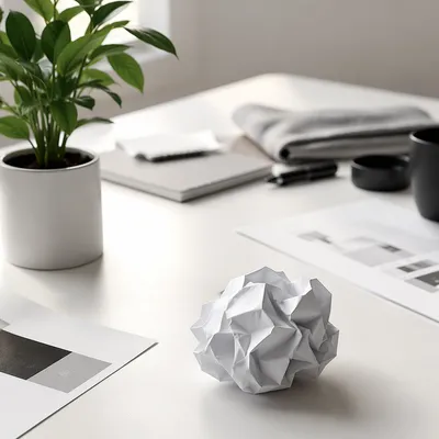 Crumpled Paper Brainstorming on Minimal Desk