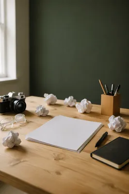 Crumpled Paper Brainstorming Desk Scene