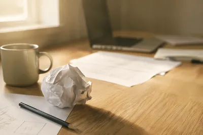 Crumpled Paper Ball on Desk Brainstorming