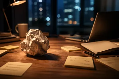 Crumpled Paper Ball on Desk at Night