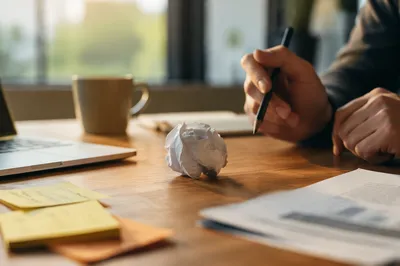 Crumpled Paper Ball on Desk Brainstorming