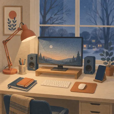 Warm Evening Desk Lamp Workspace