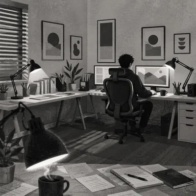 Evening Desk Lamp in Quiet Workspace