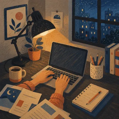 Warm Desk Lamp Over Evening Workspace