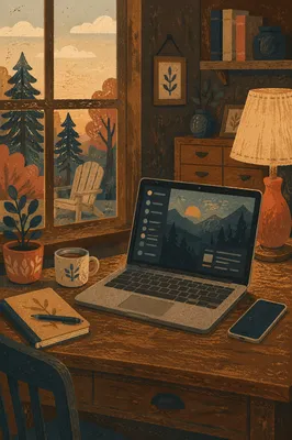 Warm Lamp Lit Rustic Evening Workspace