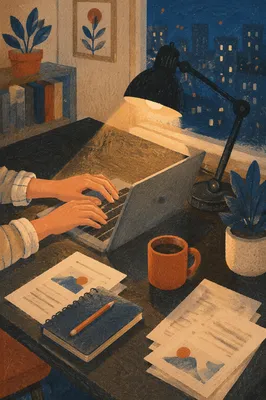 Warm Desk Lamp Over Evening Workspace