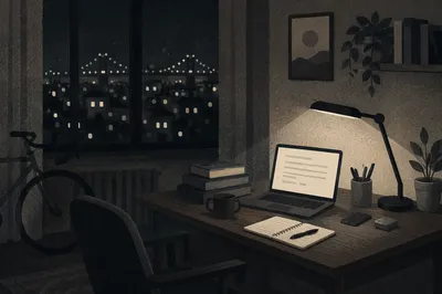 Evening Desk Lamp Over Business Workspace