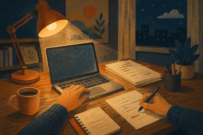 Warm Desk Lamp Over Evening Workspace