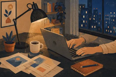 Warm Desk Lamp Over Evening Workspace