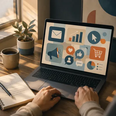 Digital Marketing Icons on Laptop Workspace