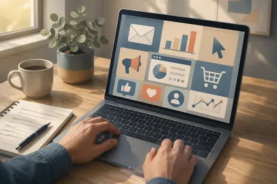 Digital Marketing Icons on Laptop Workspace