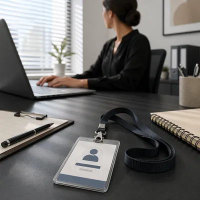 Professional Employee Badge on Office Desk