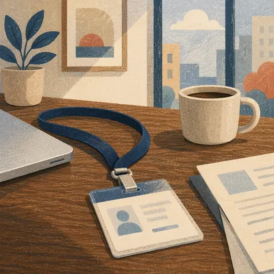 Professional Employee Badge on Walnut Desk