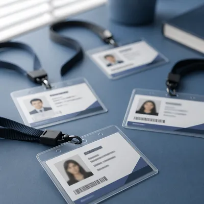 Professional Employee Badge Lanyards on Office Desk
