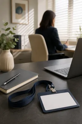 Professional Employee Badge on Modern Office Desk