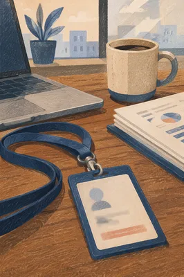Professional Employee Badge Lanyard on Office Desk