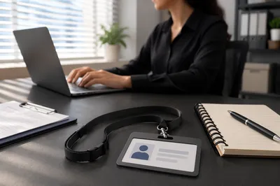 Employee Badge on Organized Office Desk