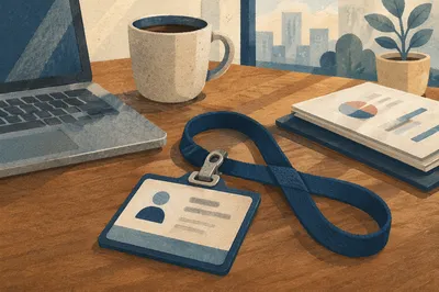 Professional Employee Badge Lanyard on Office Desk