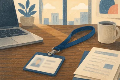 Professional Employee Badge and Lanyard Desk Scene