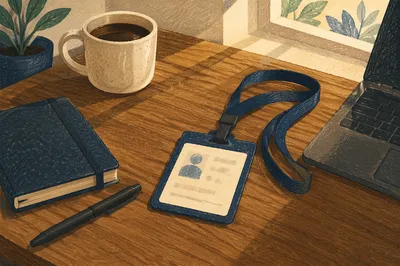 Professional Employee Badge and Lanyard Desk Scene